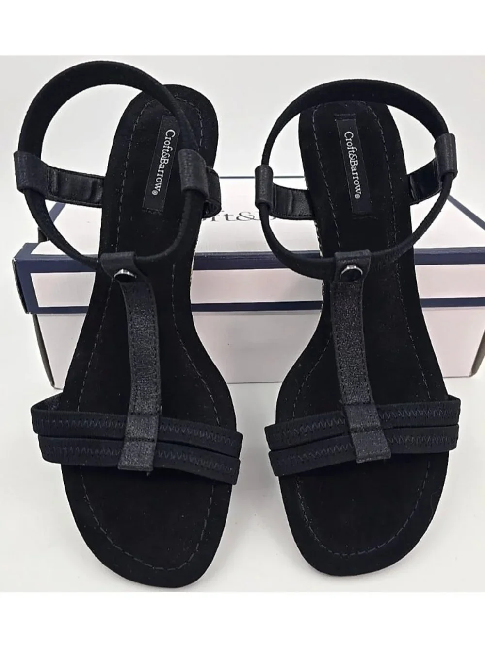 Croft & Barrow Stella Wedge Sandals Strappy Stretch Flexible Outsole Black 8.5 M